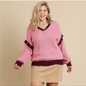 Umgee Plus Size Detachable Sleeve V-Neck Sweater